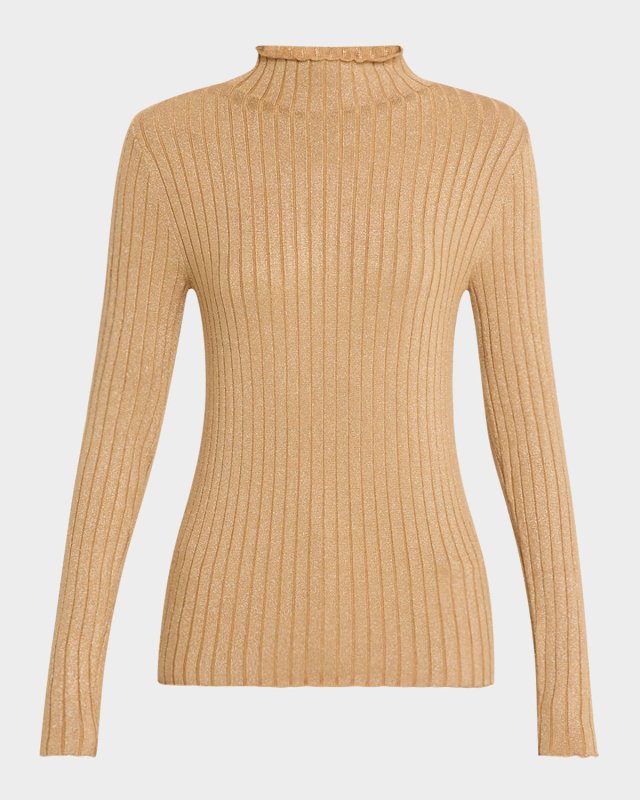 Metallic Long Sleeve Rib Mock-Neck Top